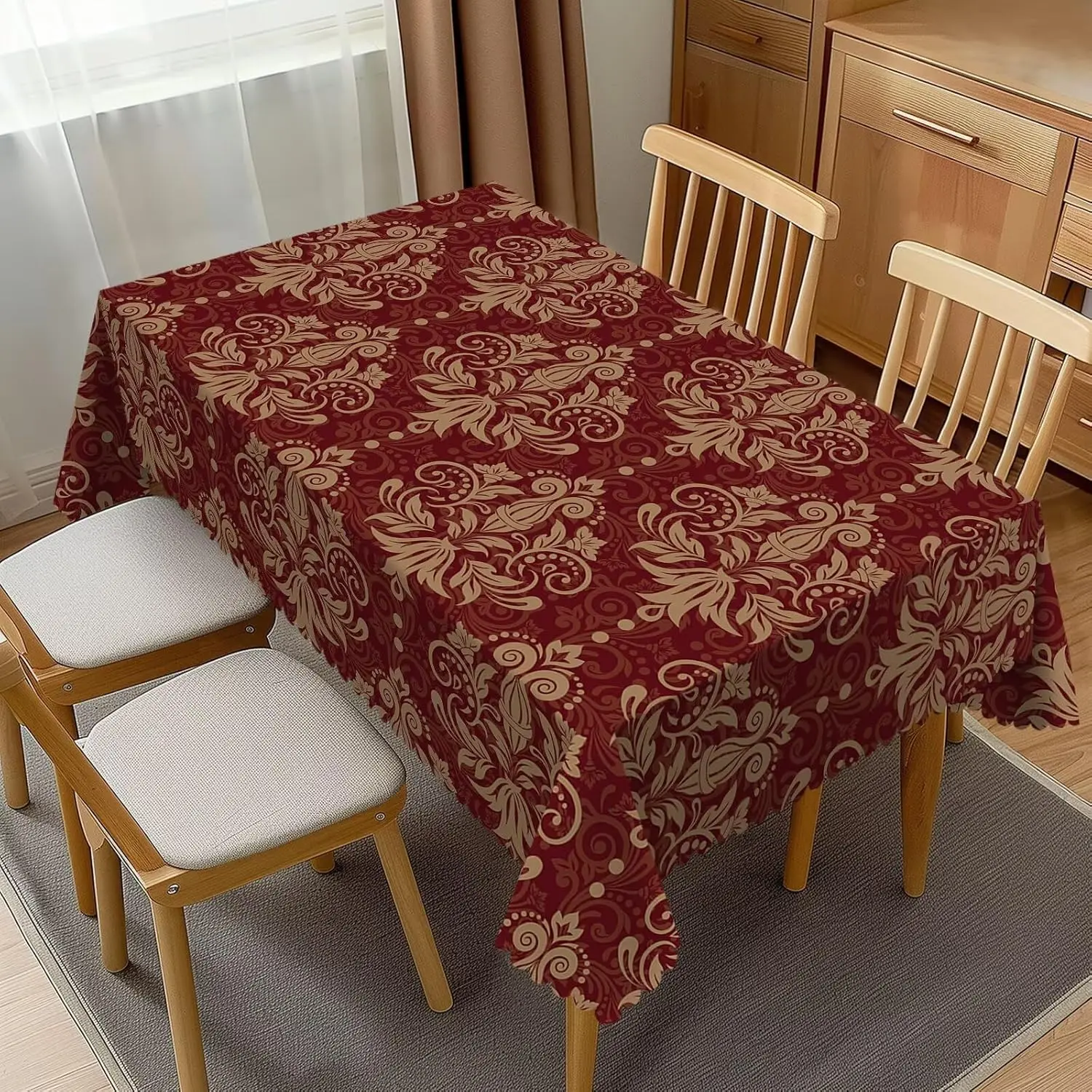 

Red Damask Tablecloth Vintage Classic Luxury Dark Red Golden Floral Table Cover Kitchen Decoration