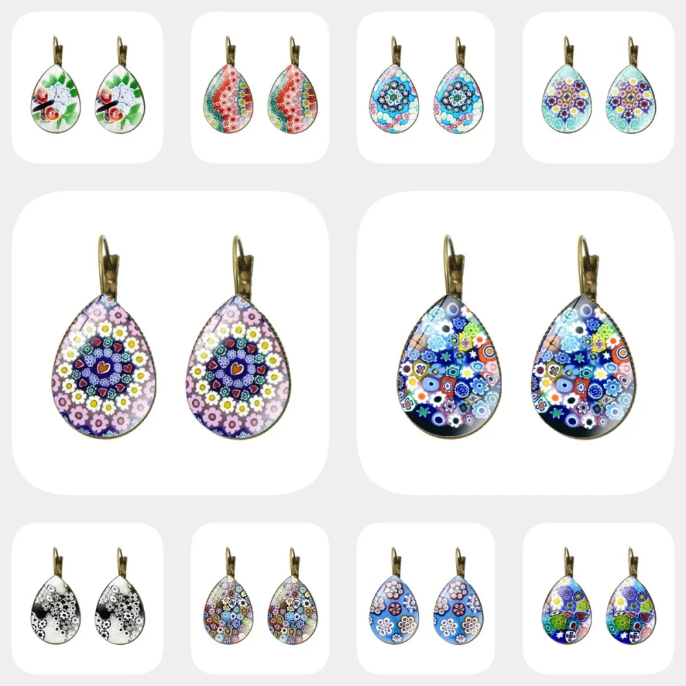 New Murano Millefiori Drop Earrings Multi Colour Flower 18mm Glass Cabochon Earring Jewelry For Women Girls Gift Wholesale