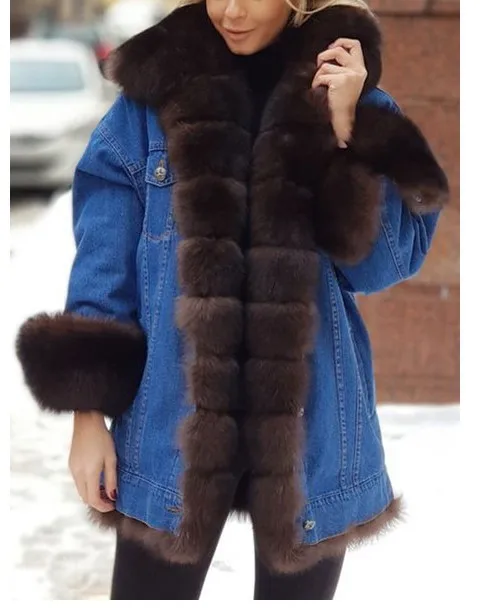 Women Winter Denim Jacket Faux Fox Fur Collar Cuffs Warm Thick Jean Coat Loose Streetwear Casual Fashion Parka Overcoat