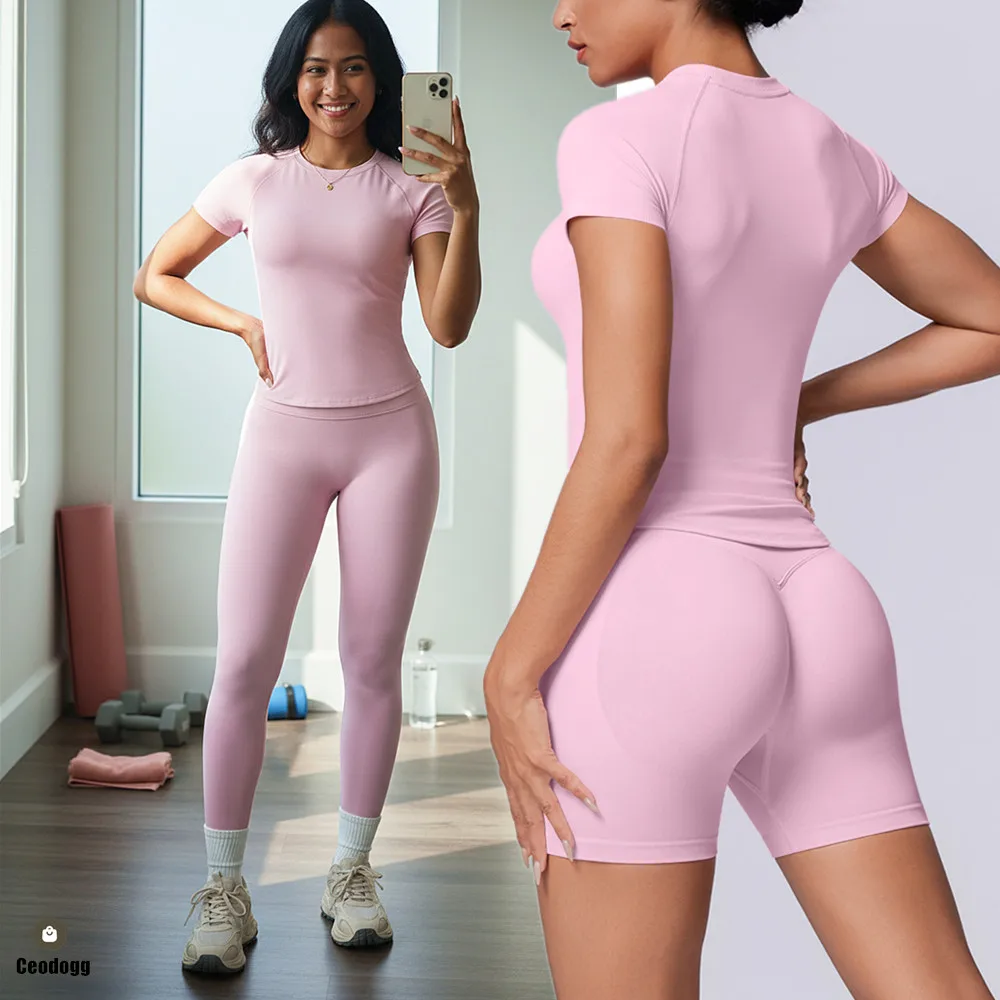 

Short Sleeve Crop Tops Shirt Yoga Set Gym Sportswear Shorts Seamless Women Fitness Sports Scrunch Leggings Active Clothes XP293