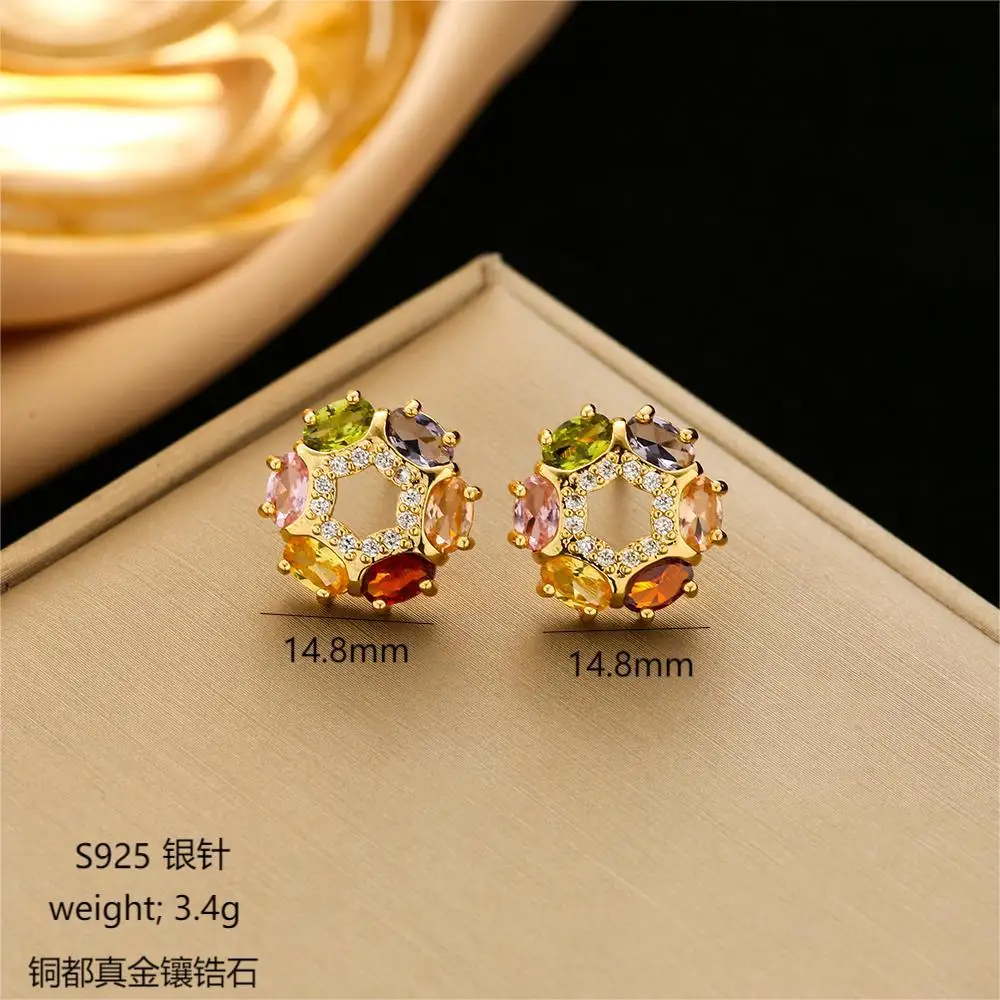 A circle of colorful diamond-encrusted necklace, women's earrings, ring three-piece set, circle titanium steel chain set