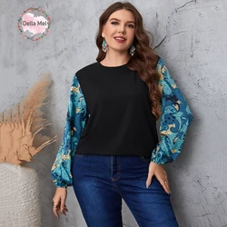 Della Mel Plus Size Lantern Sleeve Blouses Tee Paisley Print Textured Tops 2022 New Spring Autumn Elegant Women's Clothing