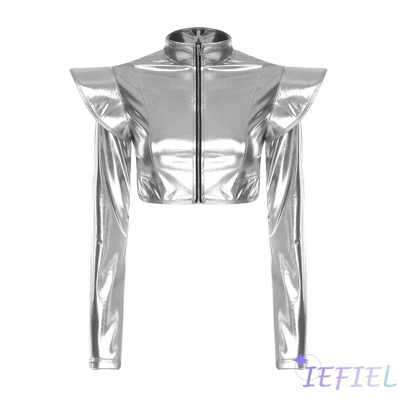 

Womens Metallic Disco Jazz dance Crop Jacket Long Sleeve Structured Shoulder Boards Front Zipper Crop Top for Club Raves Party