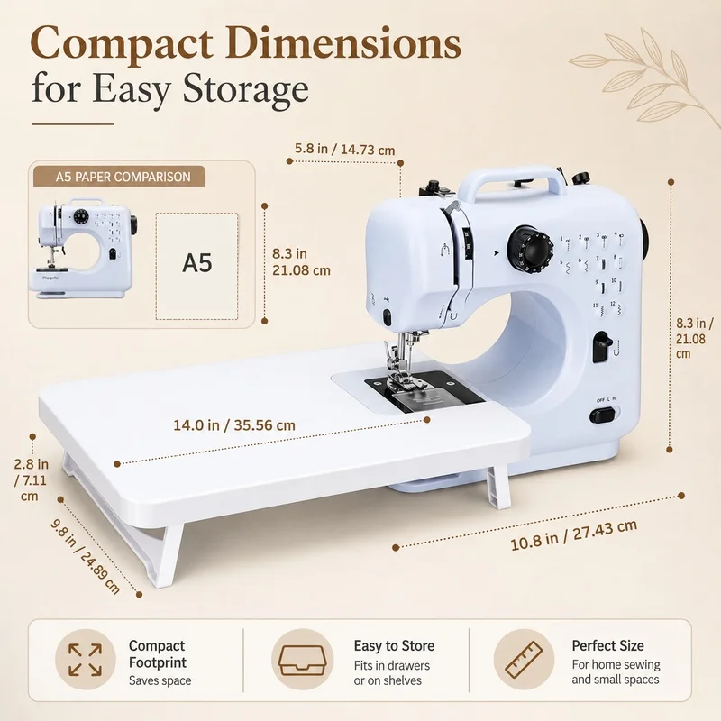 Sewing machine suitable for beginners, comes with an extension table and a set of advanced sewing accessories.