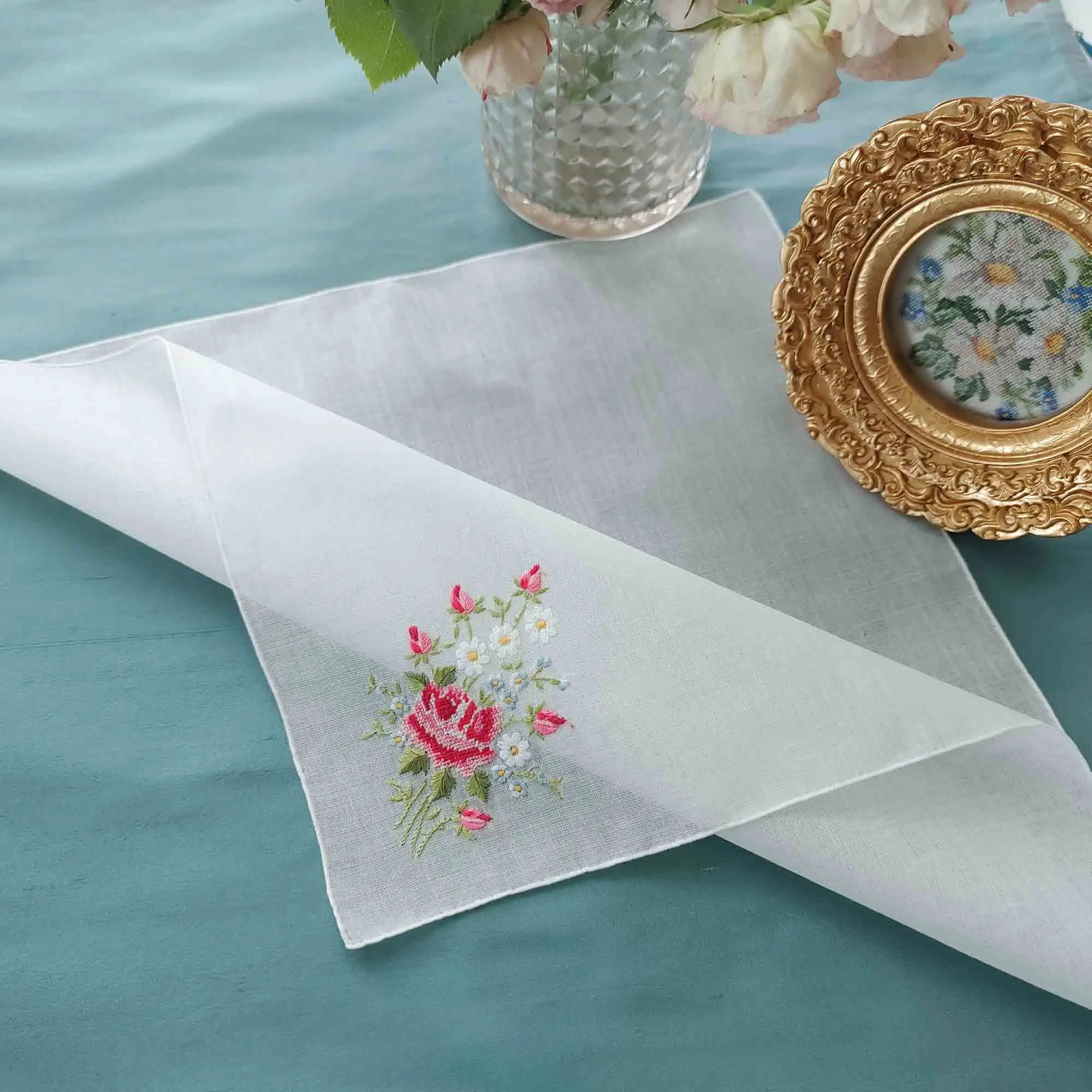 Embroidery BY Hand 100% Cotton Handicraft Gift Rose Handkerchief