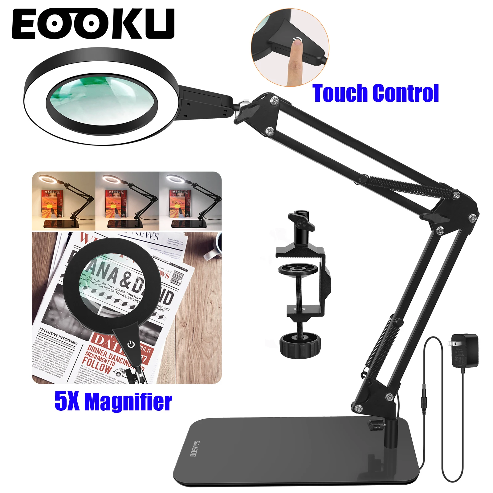 

EOOKU 5X Magnifier Lamp EU/US 12V 12W Reading Magnifying Glass Table Lamp Touch Control LED Desk Light 2 in 1 Stand and Clamp