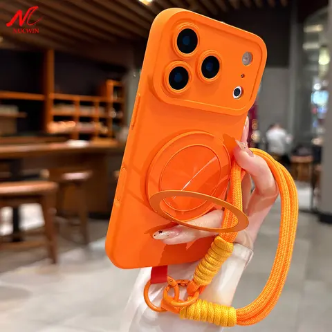 Luxury 360° Rotate Bracket for Magsafe Case For iPhone 11 12 13 14 15 16 17 Pro Max Plus Air Magnetic Lanyard Soft Silicon Cover