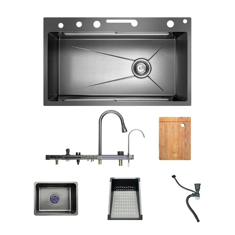 Commercial Restaurant Single Bowls Stainless Steel Waterfall Multifunctional Glass Rinser Smart Kitchen Sink