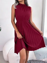 Spring Summer Casual Ruffle Sleeveless Pleated Knee Length Dress for Women 2026 Round Neck Solid Color Midi Dress Red Green Blue