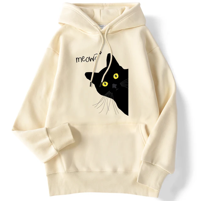 Zimowe damskie bluzy z kapturem Meow czarne nadruk z kotem swetry z rękawami z kapturem, oddychające luźne bluzy urocze damskie ubrania