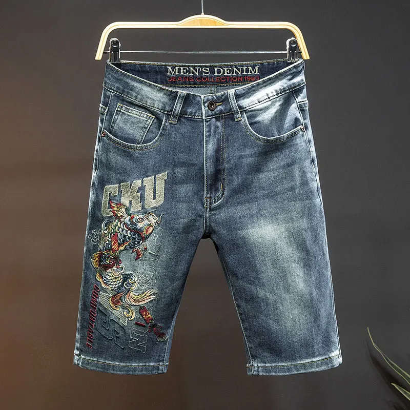 

Chinese Style Embroidery Denim Shorts Men's Summer High-End and Fashionable Personality Street Slim Stretch Casual Cropped Pants