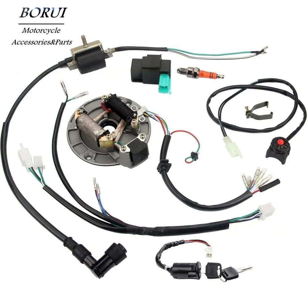 

CDI Ignition Coil A7TC Spark Plug Kill Switch Wire Harness Magneto Switch Keys Lock Set For 50 70 110 125 140cc 4T Dirt Bikes