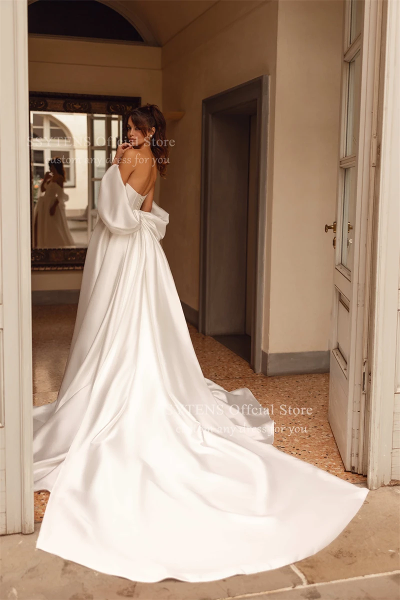 SSYTENS 高級サテンウェディングドレス ハイ スリット チャペル トレイン ブライダルガウン オフショルダー カスタマイズされた A ライン ベストド デ ノイバ