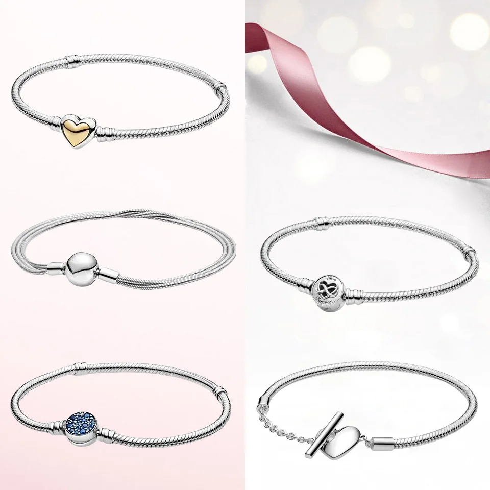 

CHARMING 925 Sterling Silver Moments Sparkling Blue Disc Clasp Snake Chain Bracelet Heart T-Bar Snake Chain Bracelet for Women