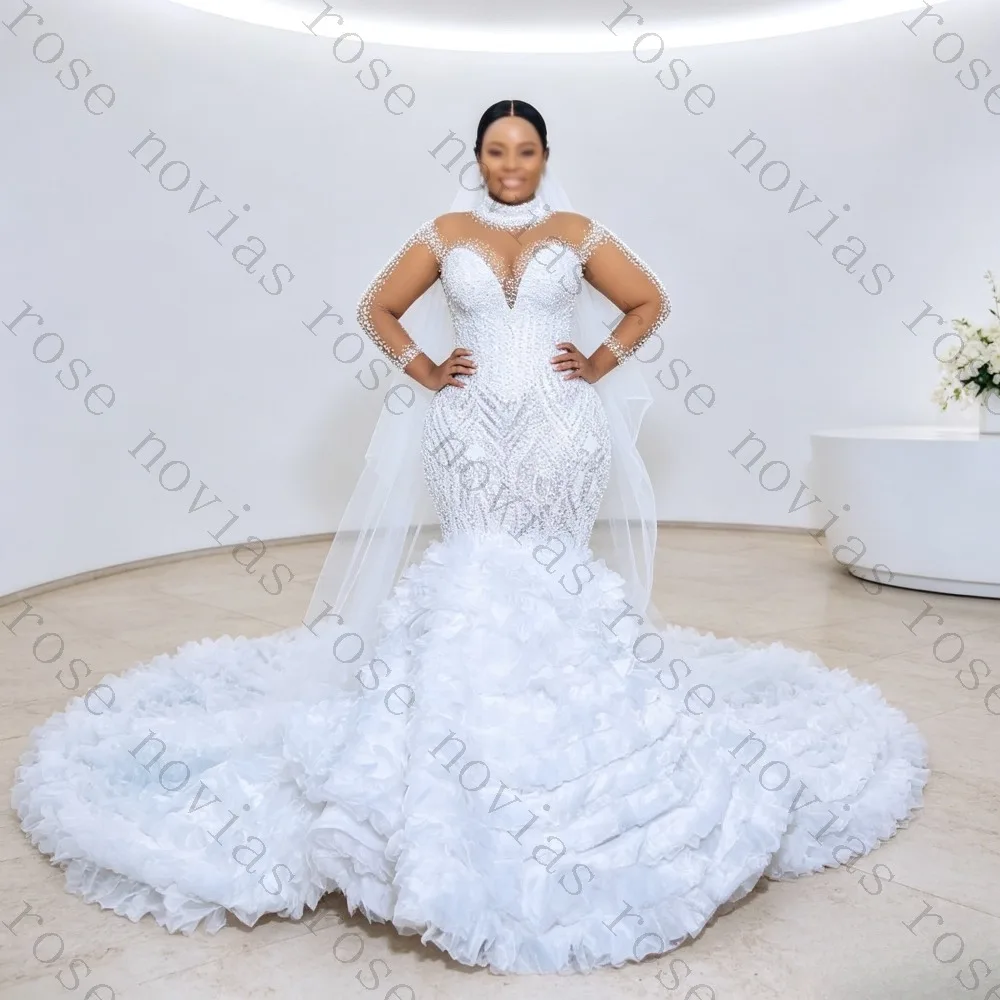 Customized African Plus Size Mermaid Wedding Dress Long Sleeves Pearl Beaded Layered Ruffle Train Bridal Gown Vestidos De Novia