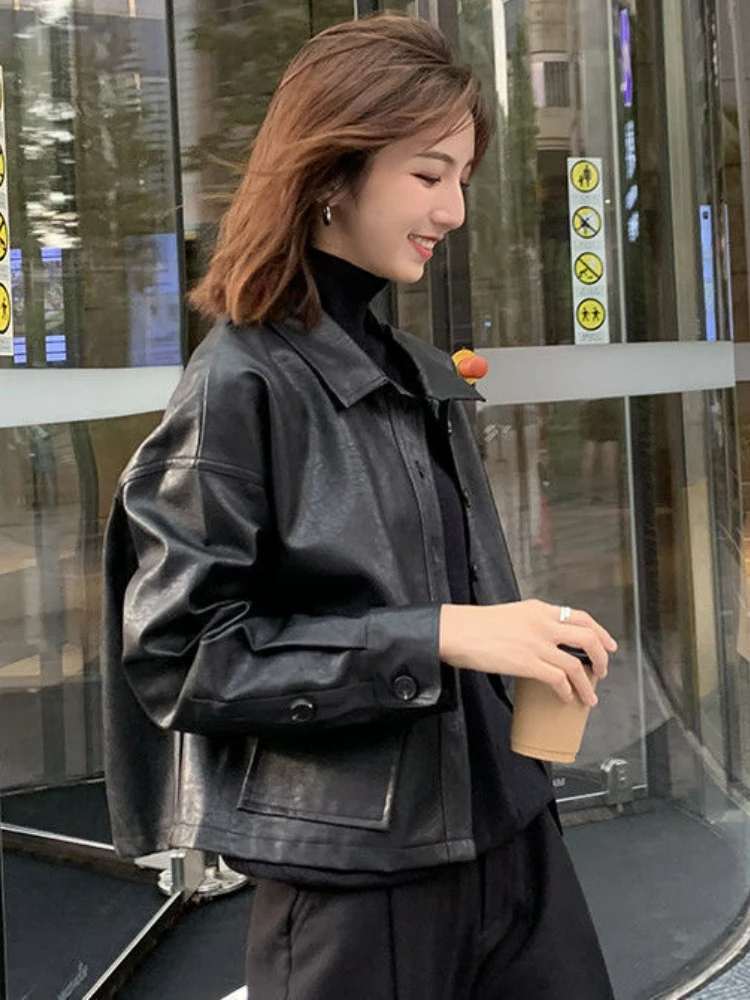 Summer Black Leather Jacket Women Korean Fashion Loose Thin Moto Jacket Female Streetwear Lady Outerwear Biker Coat 2022 Autumn