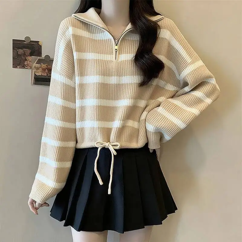 Y K Gestreepte Truien Dames Herfst Winter Halve Rits Kraagvorm Chique Gebreide Truien Vintage Contrast Streetwear Jumpers