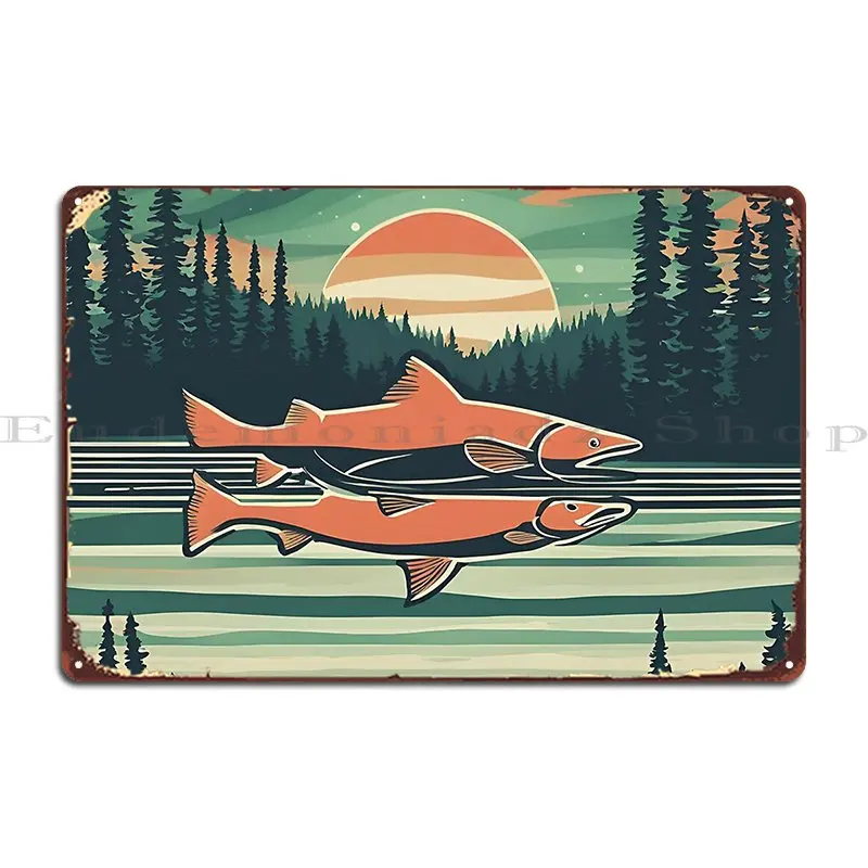 Two Salmon Under Northern Lights Metal Plaque Pub Decoration Custom Design Sign Tin Sign Poster