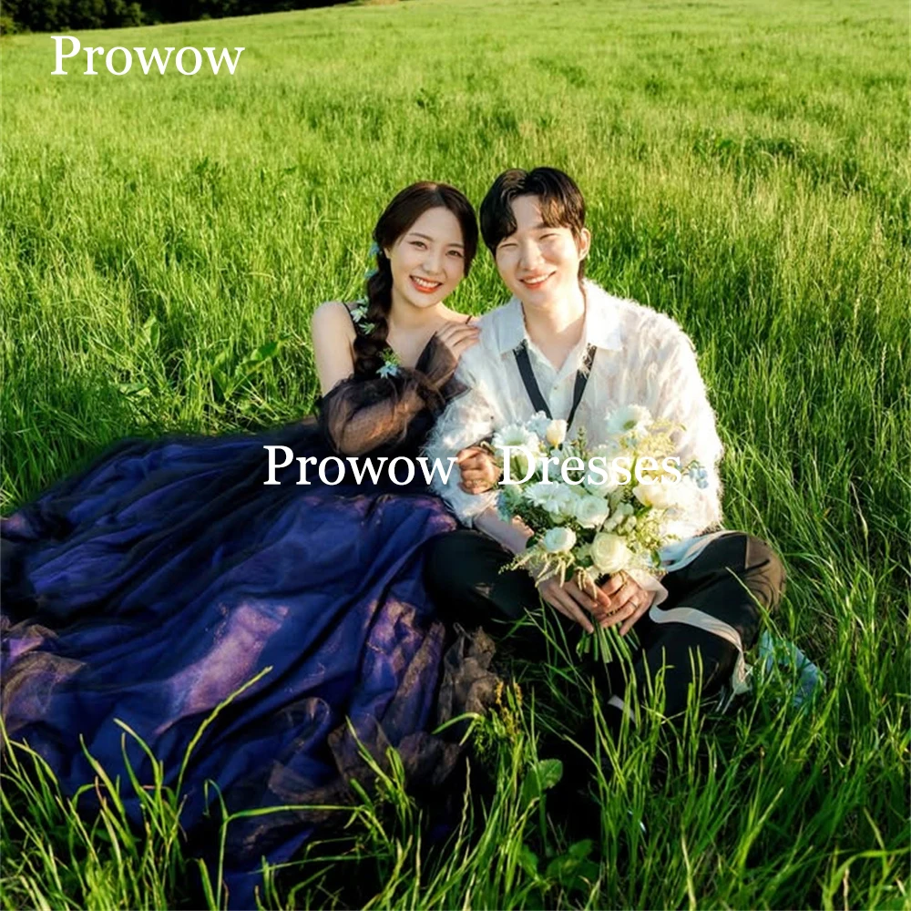 Prowow Black Purple Prom Dresses Garden Korea Wedding Photoshoot Tulle Party Formal Gowns Full Sleeves Off Shoulder Customized