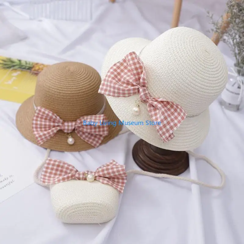 

P31C Girls Crossbody Bag Wide Brim Straw Weaving Bucket Hat Summer Spring Foldable Fisherman Summer Gifts for Toddler