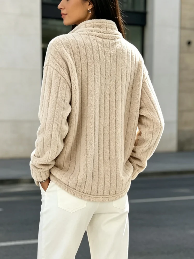 Damen-Fleece-Sweatshirt mit halbem Reißverschluss, gerippt, flauschig, Plüsch-Pullover, Reverskragen, lange Ärmel, lockerer Schnitt, lässiges Winter-Oberteil – Detail 6