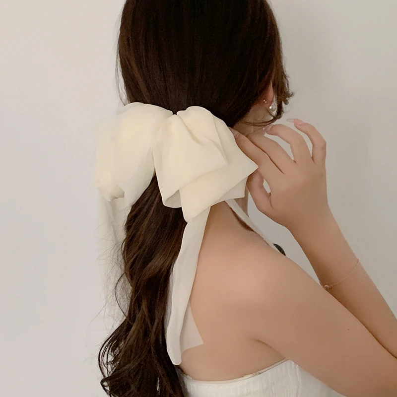 Chiffon Multi-layer Large Barrette Bow Hairpin For Female Streamer Fairy Back Head Ponytail Spring Clip French Lazy Headdress