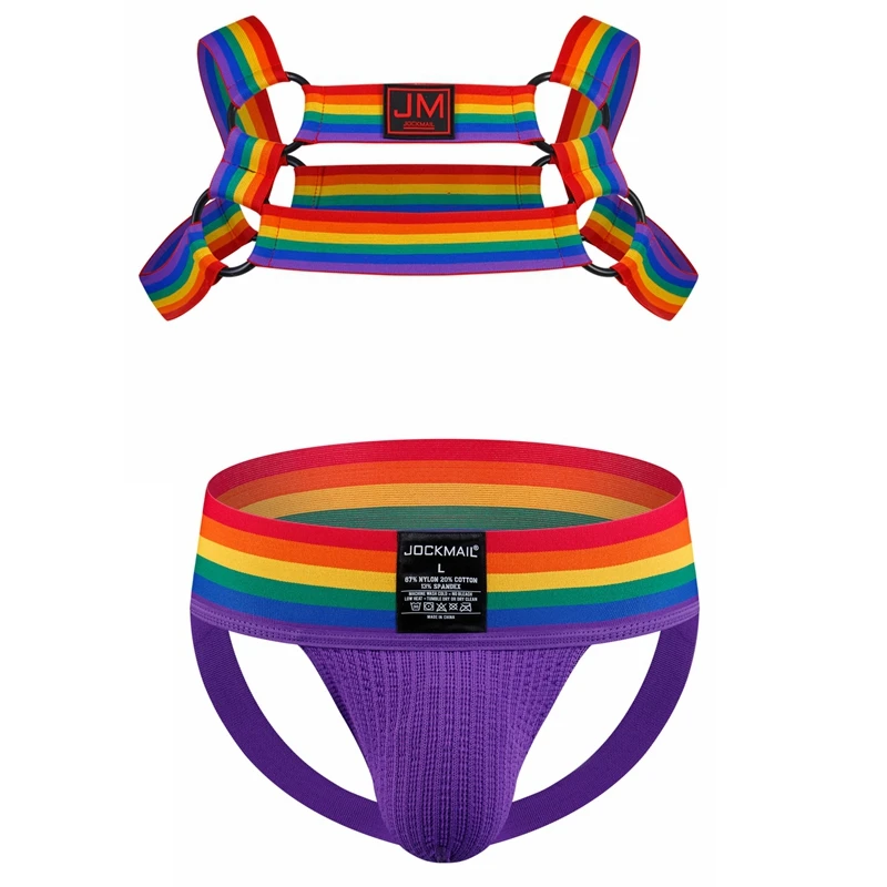 Conjuntos de ropa interior con arnés para hombre, ropa interior erótica Gay, lencería, cinturones de Bondage, fetiche, suspensorio para hombre, Tanga con patrón de arco iris