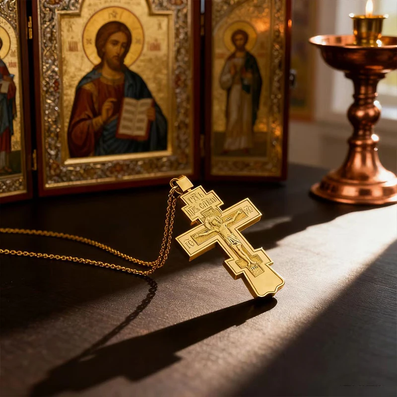Neues 2026 Klassisches Orthodoxes Kreuz-Anhänger, vergoldet mit graviertem Kruzifix, christliche Andachtskette für den Gottesdienst und den Alltag – Detail 9