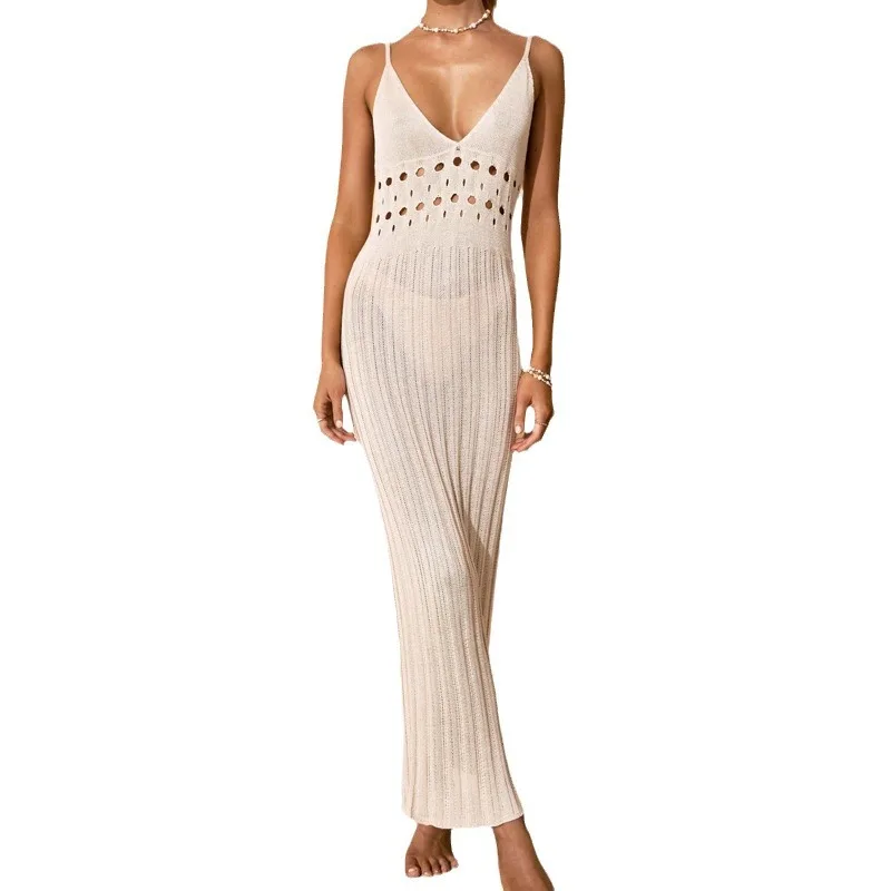 女性のドレス夏の新しいソリッドカラーカットアウトホールトロングセクシーなスリムビーチドレス女性のための