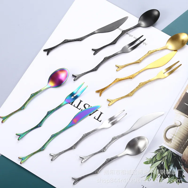 Sen Small Fresh Branch Knife, Spoon and Fork, Creative Stainless Steel Stirring Coffee Spoon, Fruit Fork, Cute Companion Gift