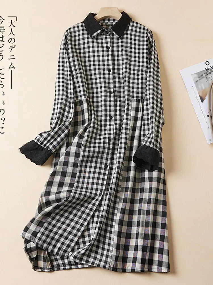 Women Cotton Linen Casual Dress New 2023 Spring Simple Style Vintage Plaid Loose Comfortable Female A-line Long Dresses B2278