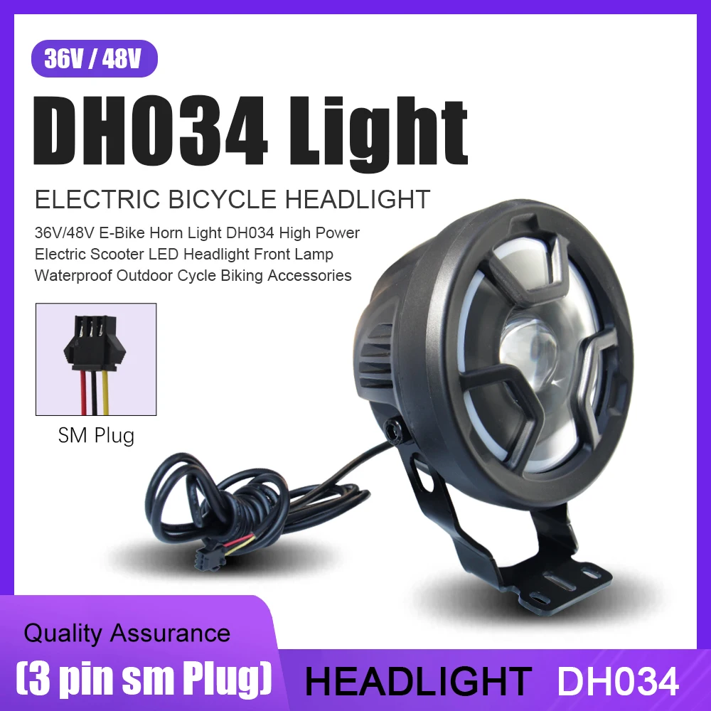 

Ebike Headlight DH034 Front LED Light with Horn 3pin SM Connector for Motorcycle Headlight snow bicycle Headlight Bike Accessori