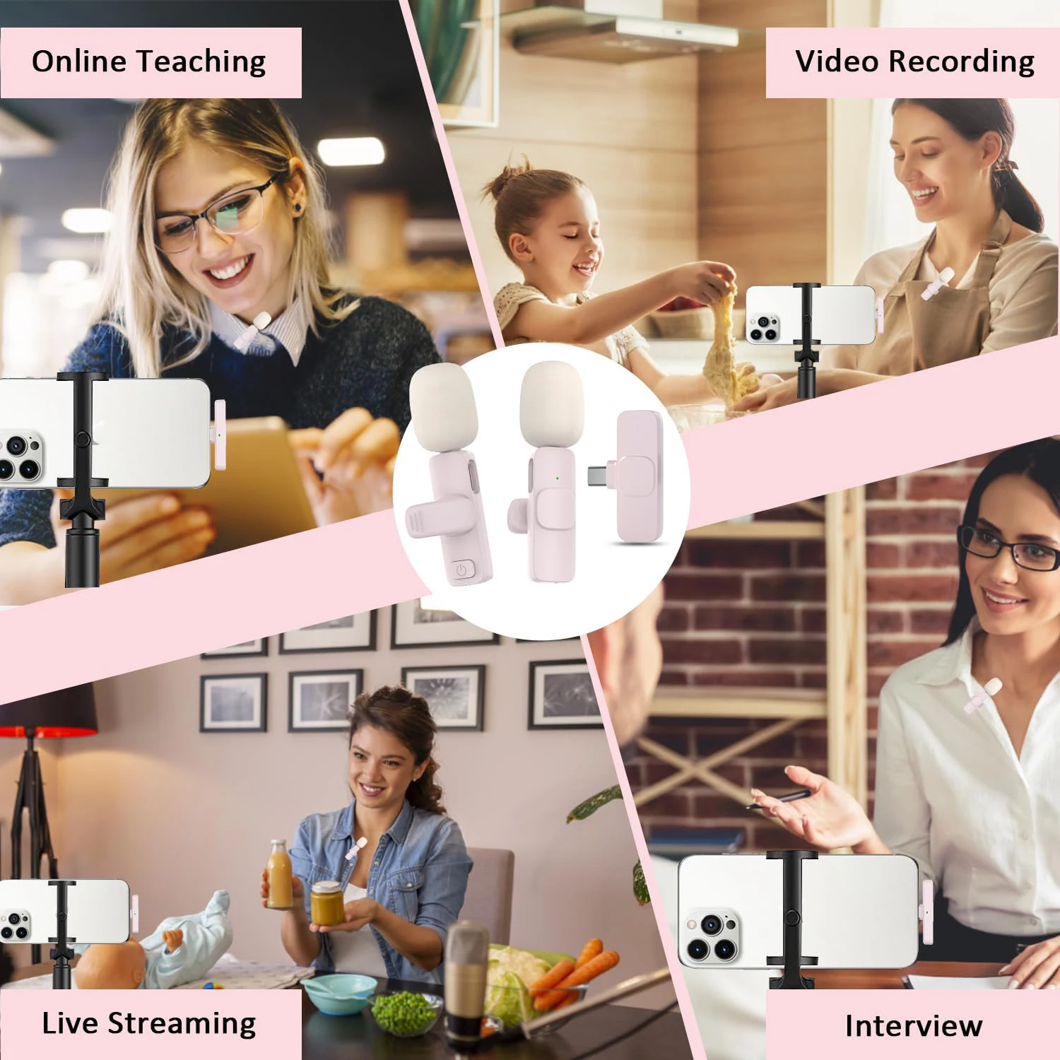 ميكروفون لافاليير لاسلكي محمول ، تسجيل الصوت والفيديو ، ميكروفون صغير للآيفون ، أندرويد ، البث المباشر ، ميكروفون الألعاب ، الأبيض والوردي