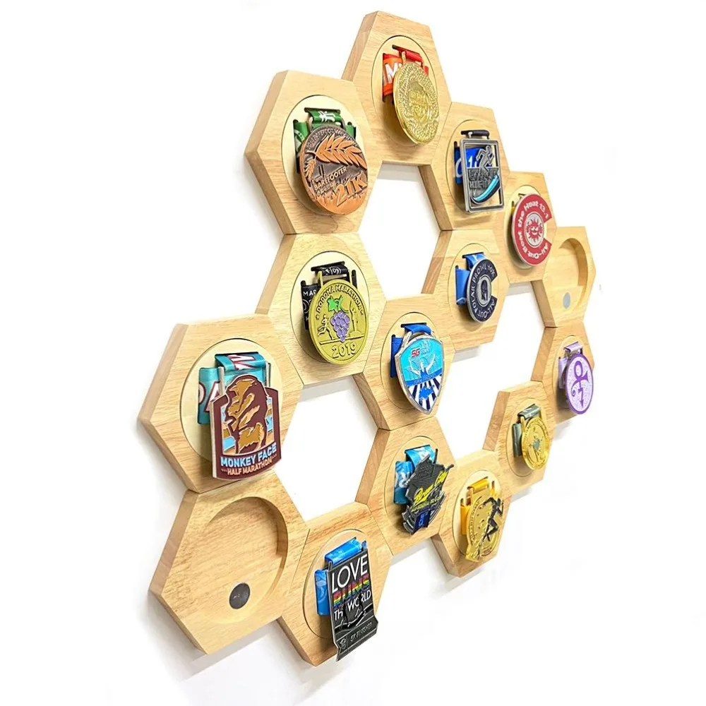 Wooden Hexagonal Medal Display Stand Honeycomb Pattern Hanger Medal Holder Rack Cellular Design Creative Medal Storage Box