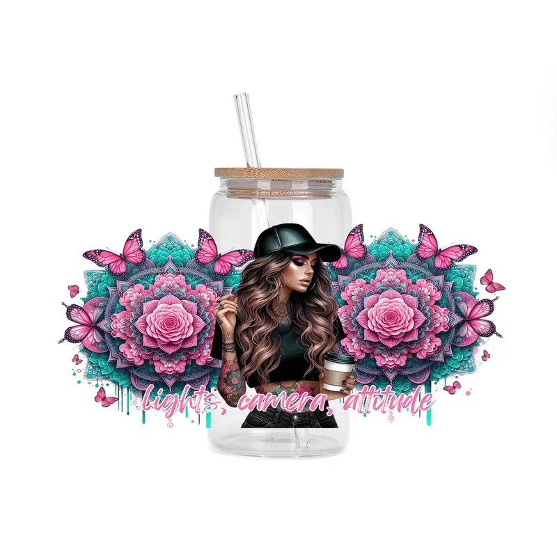Autocollant de transfert 3D série de citations de puissance de fille tatouée à la mode pour lunettes Libbey de 16oz tasse fleur femmes conception bricolage enveloppes de tasse