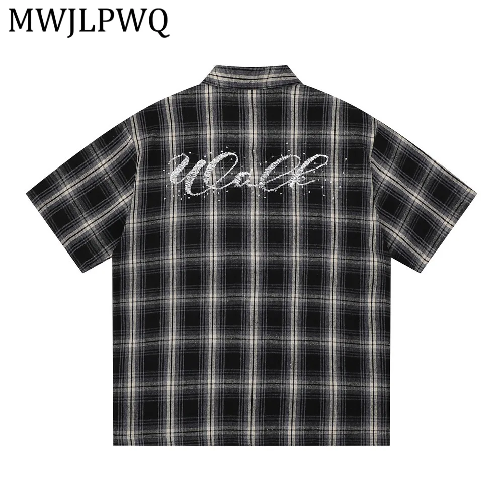 

MWJLPWQ Plaid Short-Sleeve Shirt For Men Letter Sequin Embroidery Design Loose Fit Summer Plaid Casual Shirt Trendy Vibe 15181