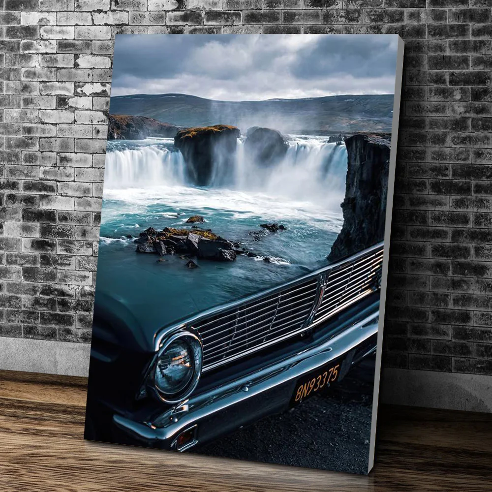 

Modern Surrealism Visual Art Canvas Prints Retro Car Waterfall Posters Home Decor Landscape Wall Painting For Living Room