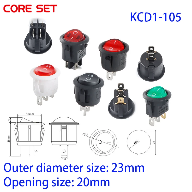 5Pcs KCD1-105 Rocker Switch Black White Red Green LED 2/3/4 Pin 2/3 Gear ON OFF 10A 6A Full Circle Half Circle Power Switch 20mm