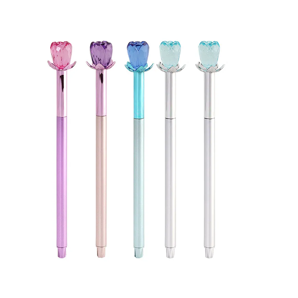5Pcs Writing Pen Creative Diamond Gel Ink Rose Design Black Refill for Students Effortless Gliding Smooth Lines Portable