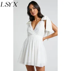 LSYX V-Neck Sleeveless Bow Straps Beaded Tulle Mini Wedding Dress For Women 2023 A-Line Above Knee Short Bridal Gown Custom Made