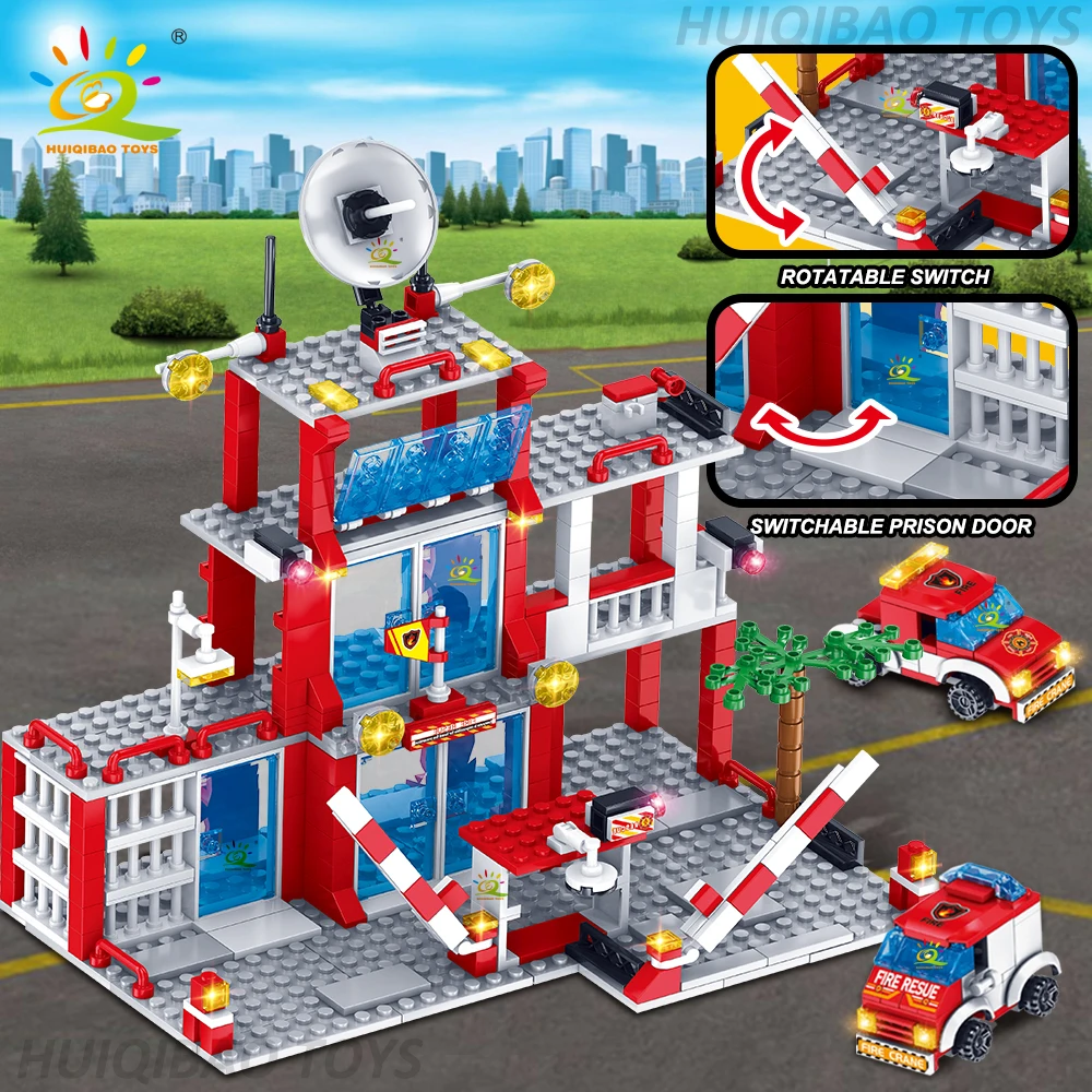 HUIQIBAO Città Polizia Stazione di Fuoco Building Blocks Set Ragazzi Fai da Te Auto Fuoco Fuoco Figure Mattoni Giocattoli Educativi per I Bambini Regalo