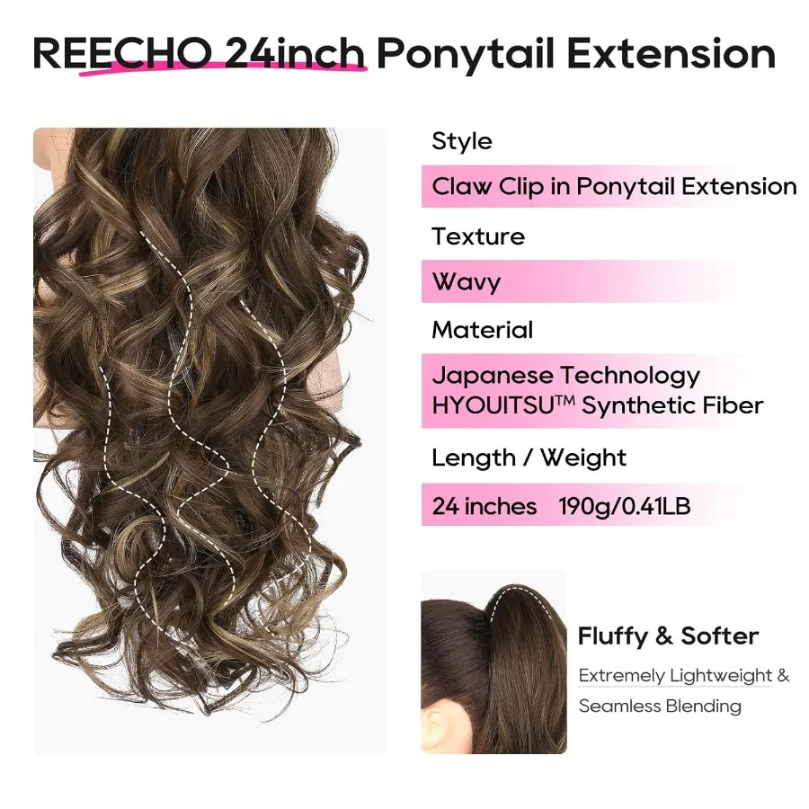 وصلات شعر طويلة مجعدة ومموجة على شكل ذيل حصان 24 مشبك مخلب للنساء بني شوكولاتة مع خليط الضوء على مثالية للارتداء اليومي #2