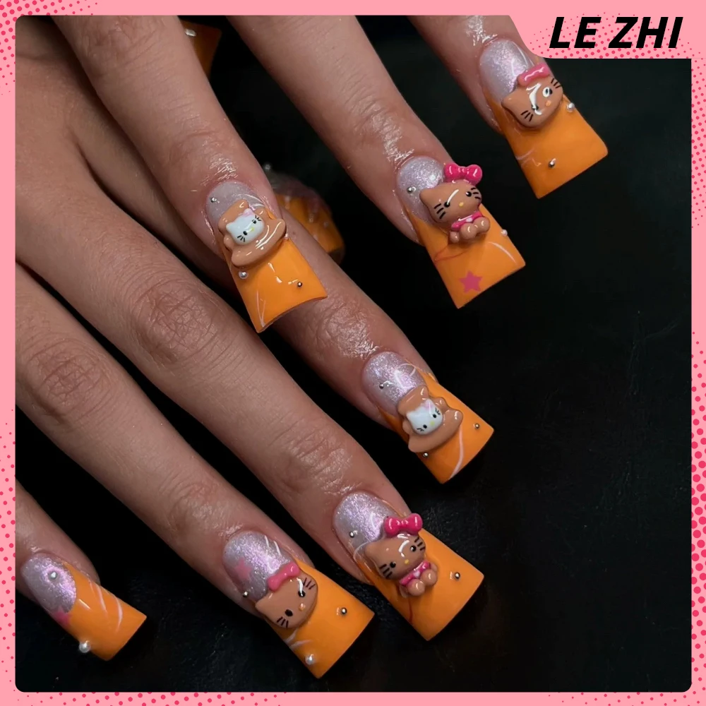 سبايس جيرل مرحبا كيتي اليدوية طويلة مربع خنجر مسمار حزب ملصق Bowknot الماس مرآة سحرية مسحوق الفرنسية الصحافة على الأظافر