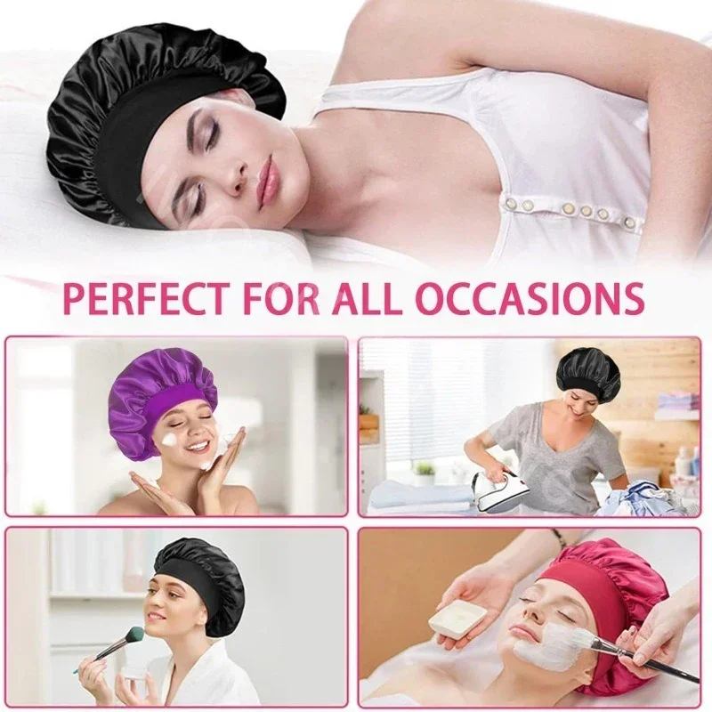 New Women\'s Satin Solid Wide-brimmed Sleeping Hat Unisex Head Wrap Elastic Band Cap Hair Care Bonnet Night Hat bonnet de nuit