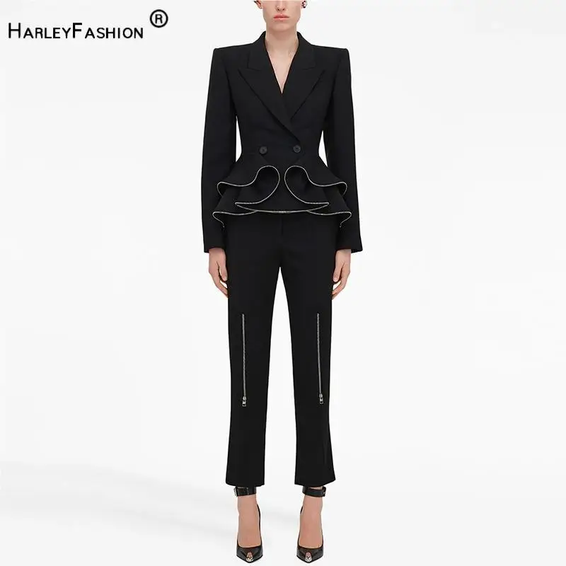 

Fashion Newest Lady Office Suit Ruffles Zipper Notched Slim Fitted Blazer Pencil Pants Women 2Pcs