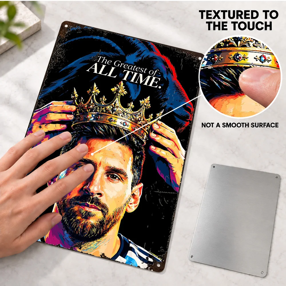 Lionel Messi With Golden Crown Football Textured Metal Poster Personalized Metal Sign Digital Illustration Wall Art For Man Cave
