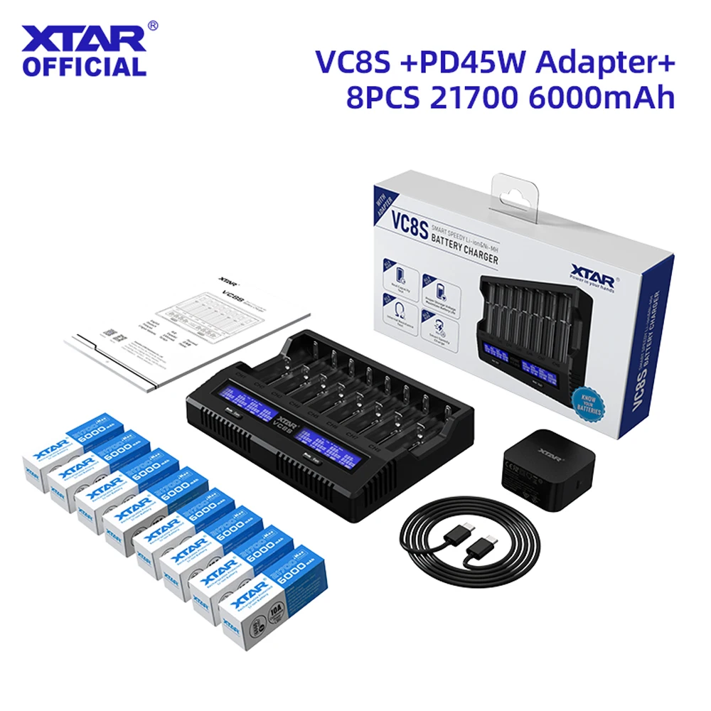 XTAR VC8S Charger with 8×18650 4000mAh/21700 6000mAh Battery Combo | Fast Charging + Capacity Test + Storage Mode All-in-One Kit