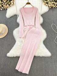 Korean Chic Sweet Knitted 2 Piece Set Women Sweater Crop Top + Bodycon Skirt Sets Girls Tops & Skirt Suits Casual Two Piece Sets