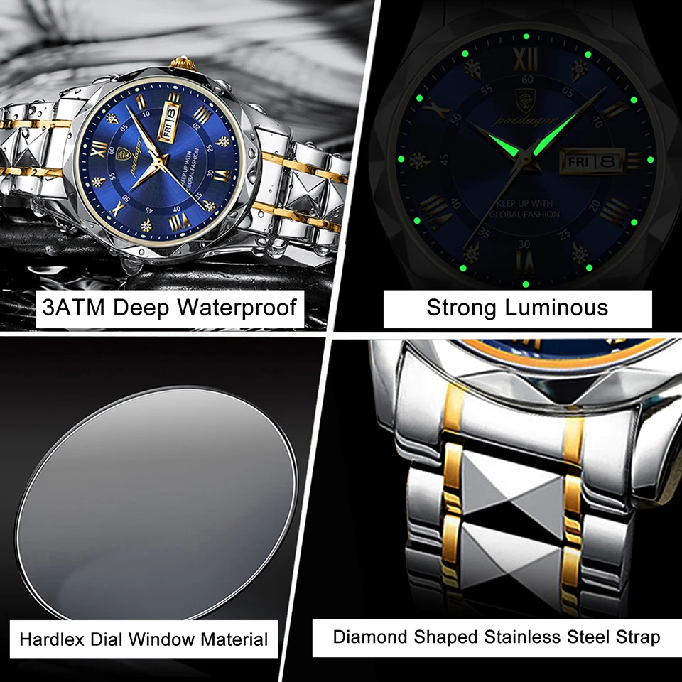 POEDAGAR Men Quartz Watch New Luxury For Man Sports Waterproof Luminous Stainless Steel Week Date Men\'s Watches Male Clock + Box