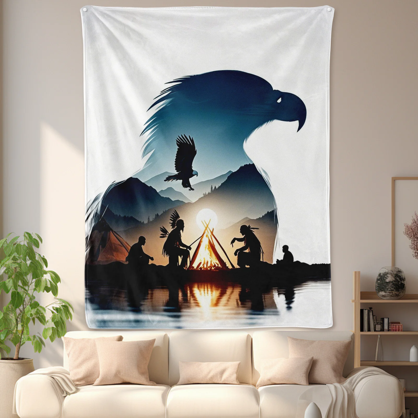 Eagle Silhouette Inspired Creative Mountain And Farming Themed Blanket For Rustic And Nature Inspired Living Space Accent